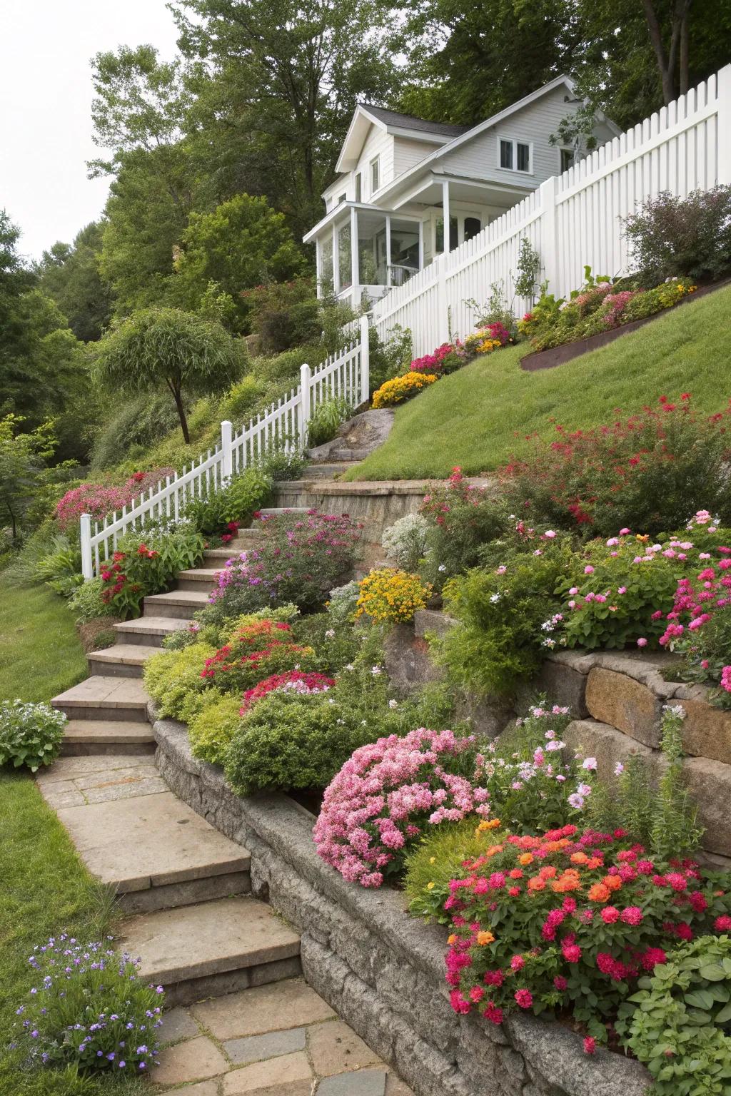 Stepped landscaping introduces a vibrant and useful design to your sloping front yard.