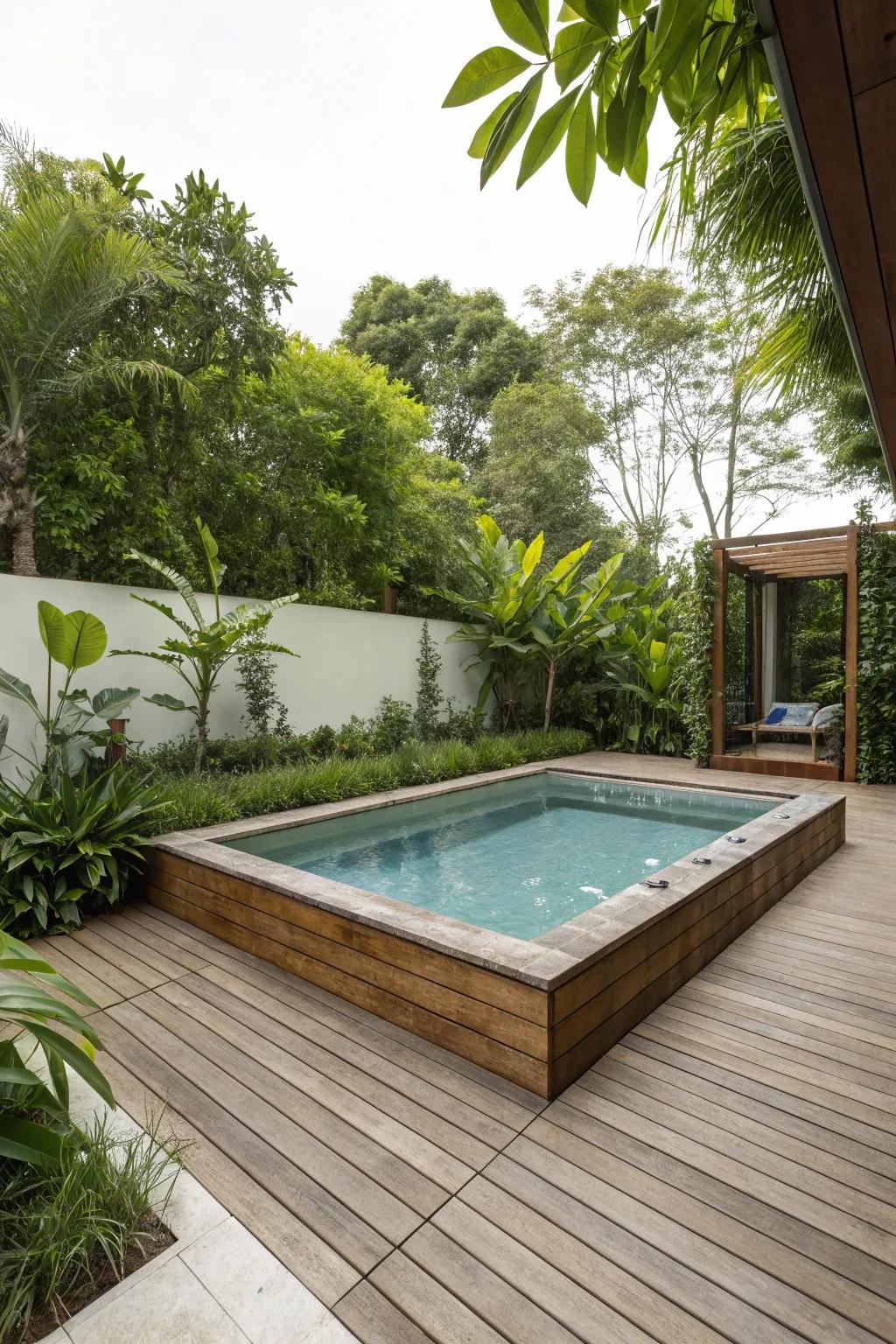 An attractive above-ground pool complemented by cozy wooden decking.