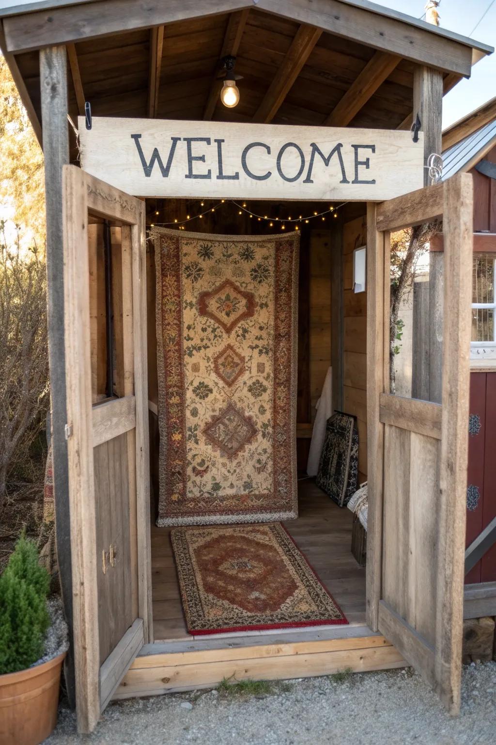 A welcoming entrance featuring a classic carpet and a custom-made sign