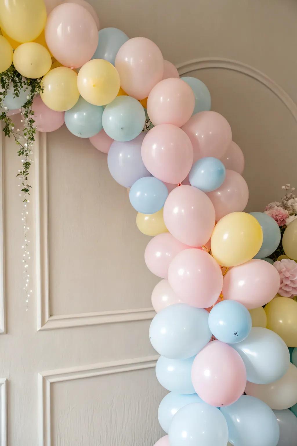 A charming pastel balloon decoration that's just perfect for a cozy little get-together.
