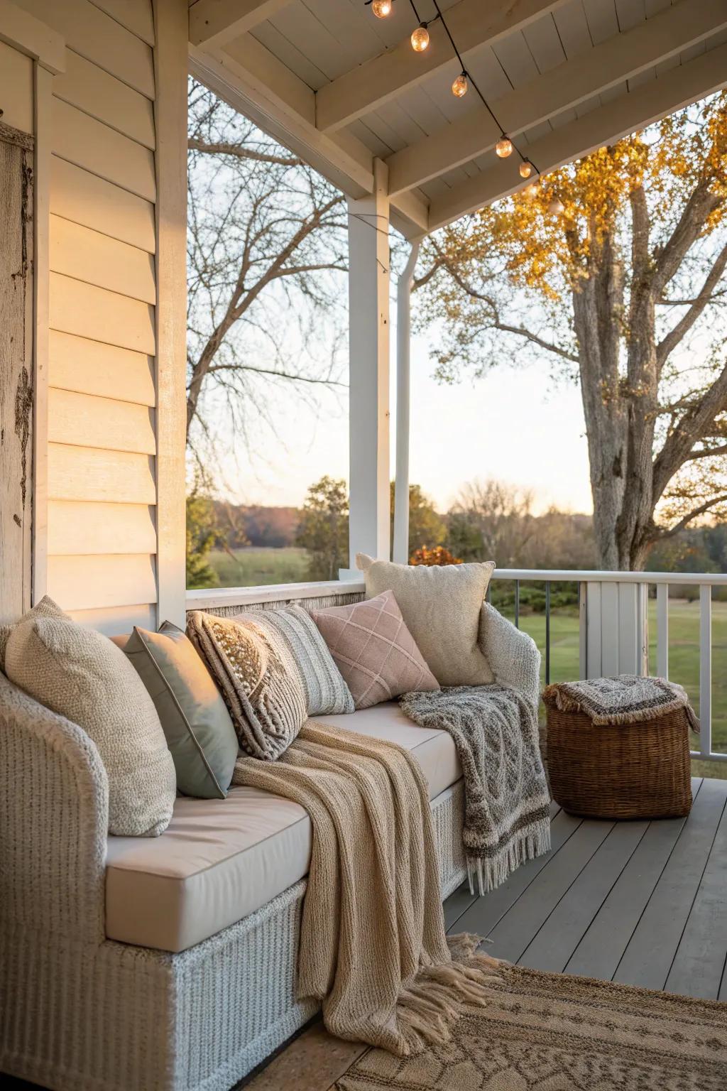 A cozy seating spot on a small back porch featuring inviting cushions and throws.