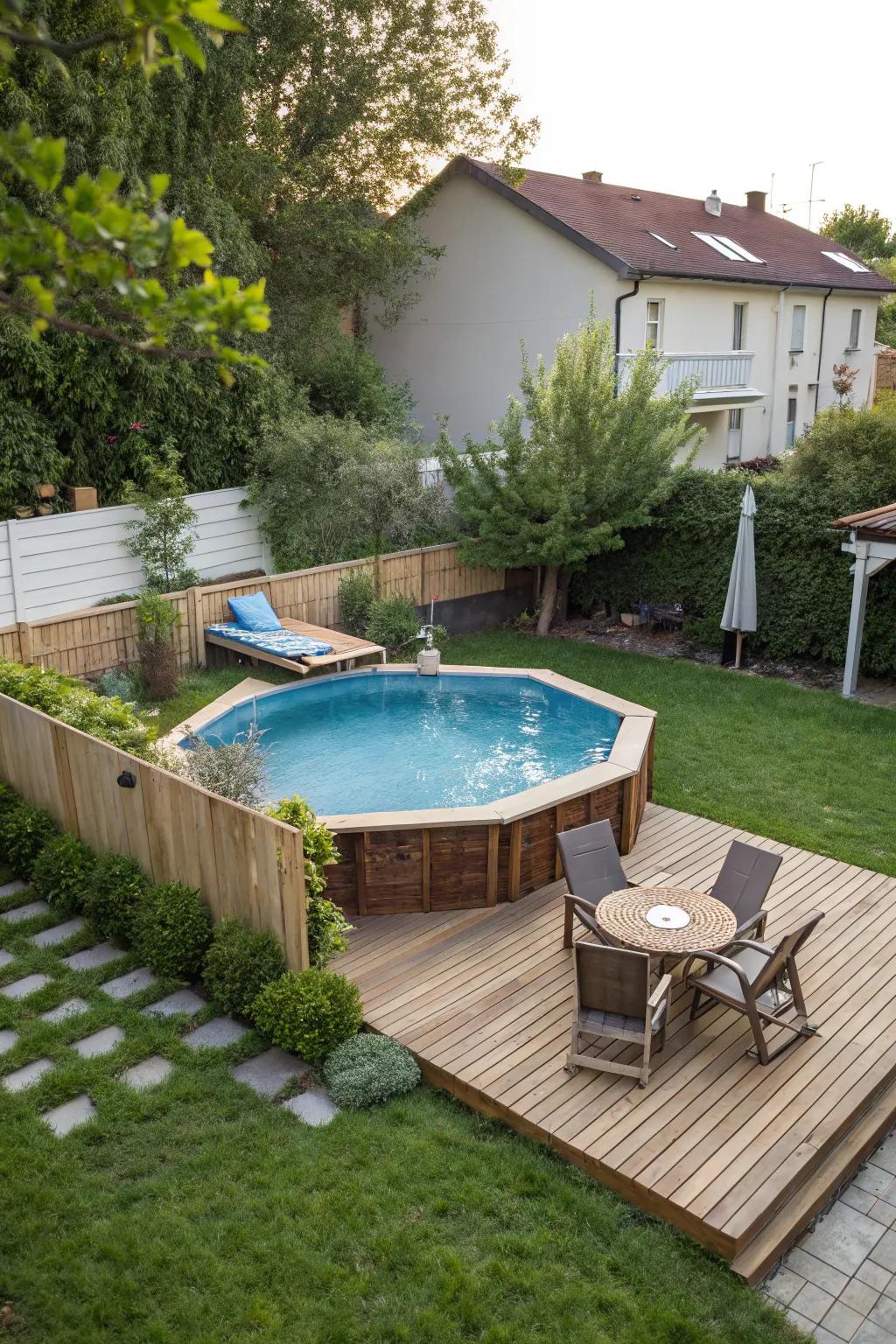 A delightful wooden deck encircling an above-ground pool, providing a cozy and welcoming vibe.