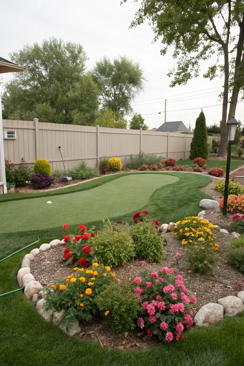 A putting green with elegantly landscaped edges merging flawlessly with the garden.