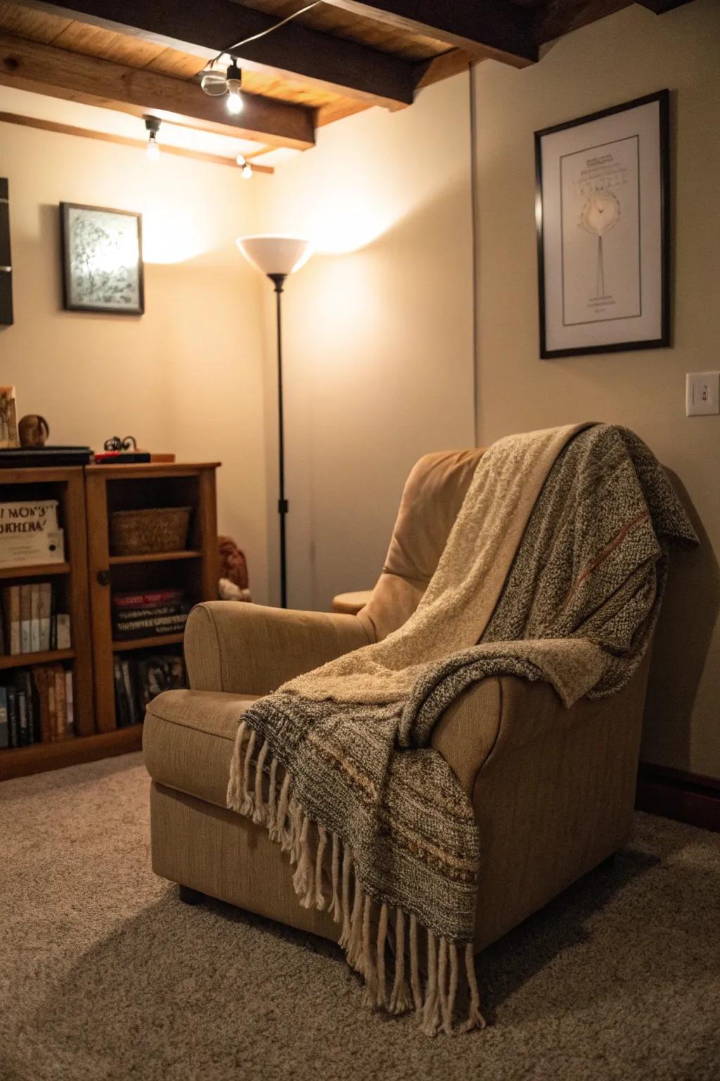 A relaxing nook in your basement for reading and lounging.