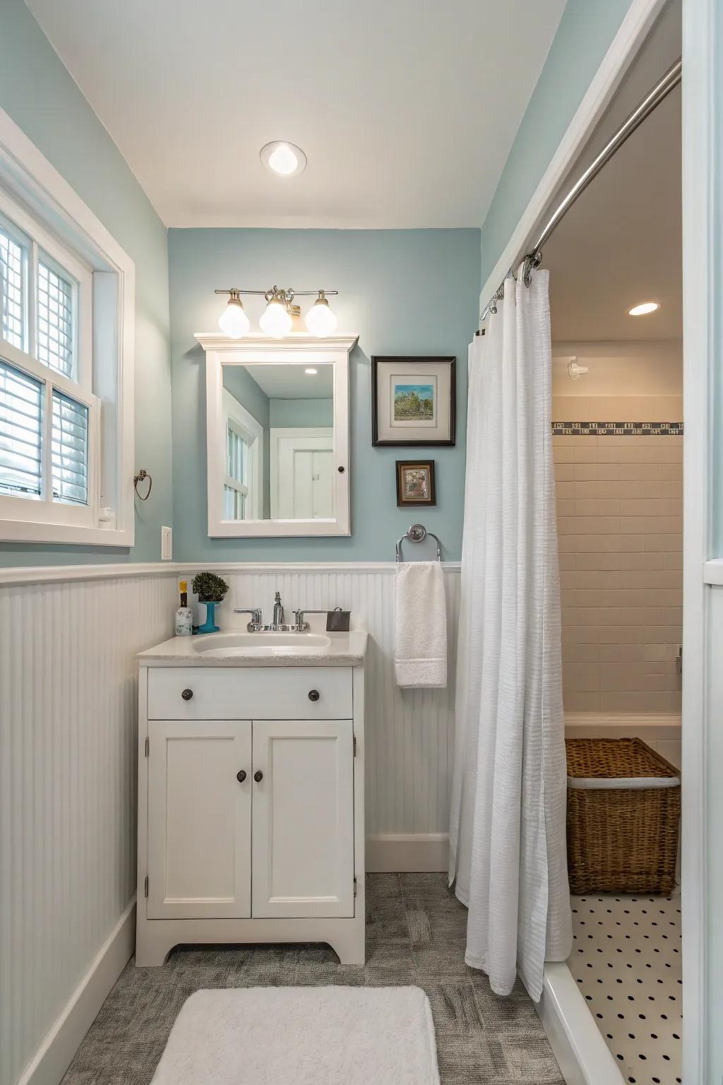 Delicate blues paired with white hues foster a soothing and expansive sensation.
