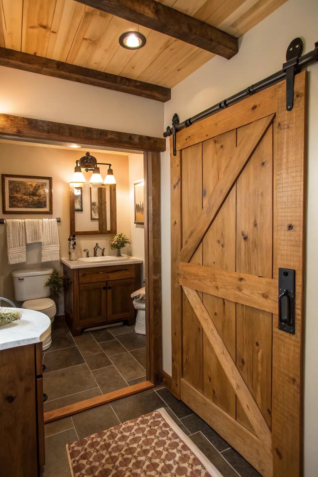 A sliding barn door contributes country-style appeal to a small bathroom setting.