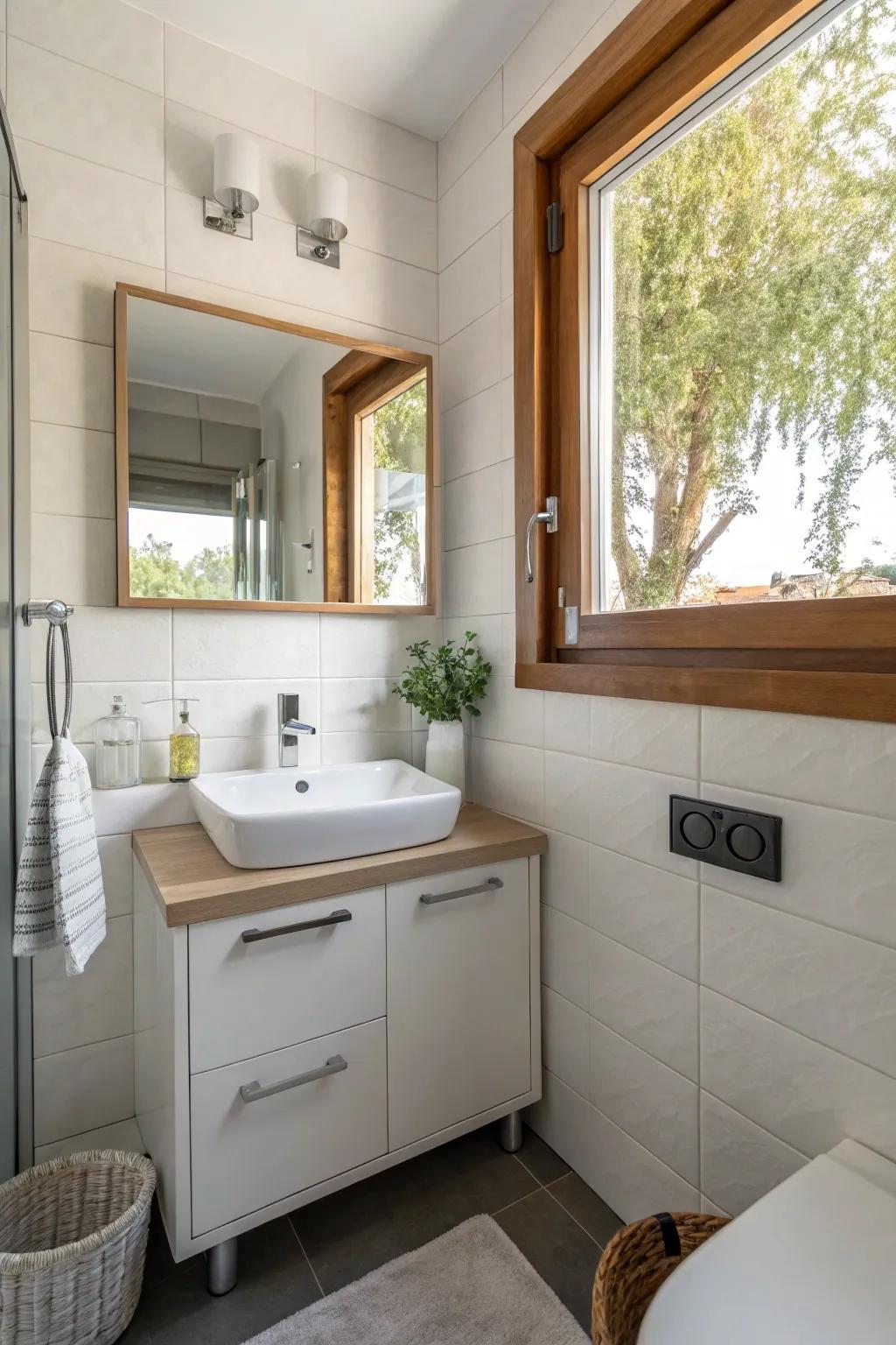 A space-maximizing corner sink set in a chic, small bathroom.