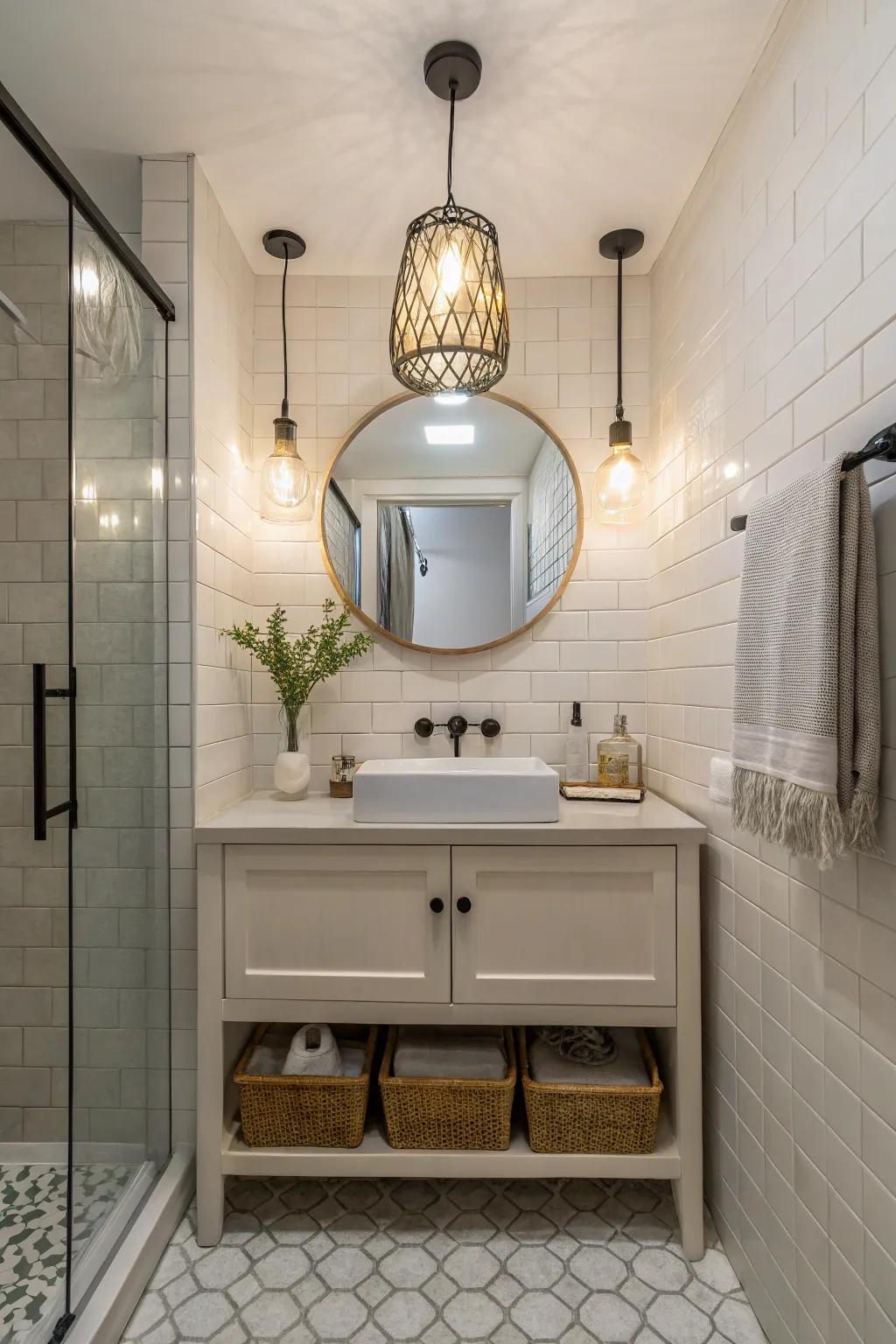 A pendant light adding charm to a small bathroom.