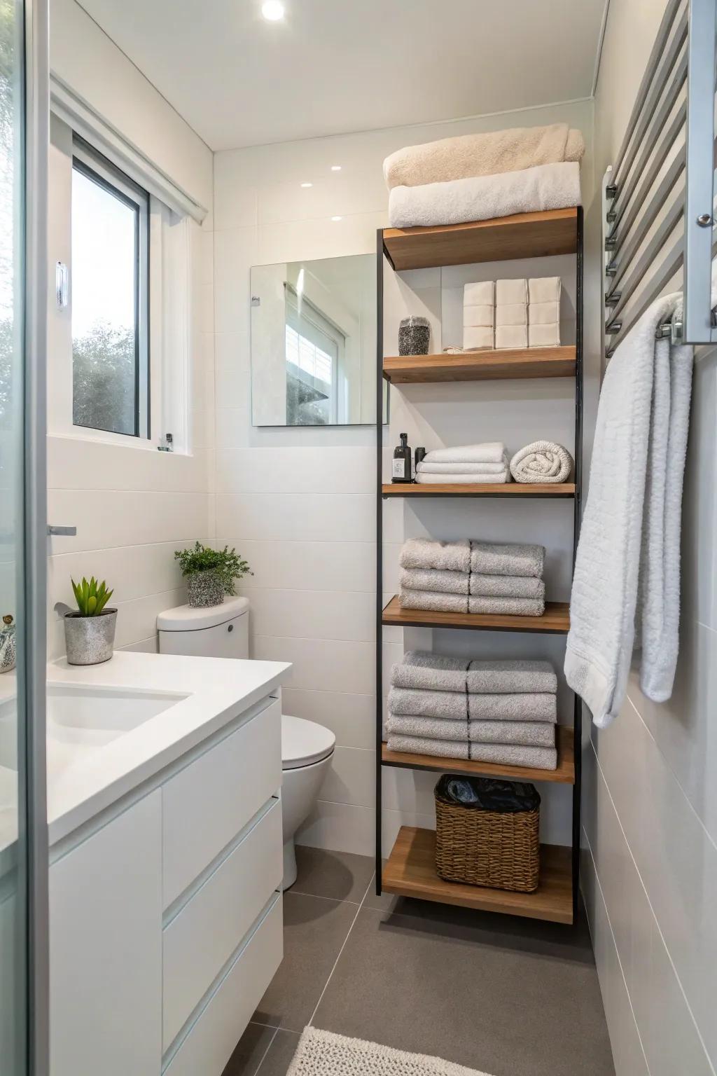 Shelves on the wall make use of that up-and-down space for towels.