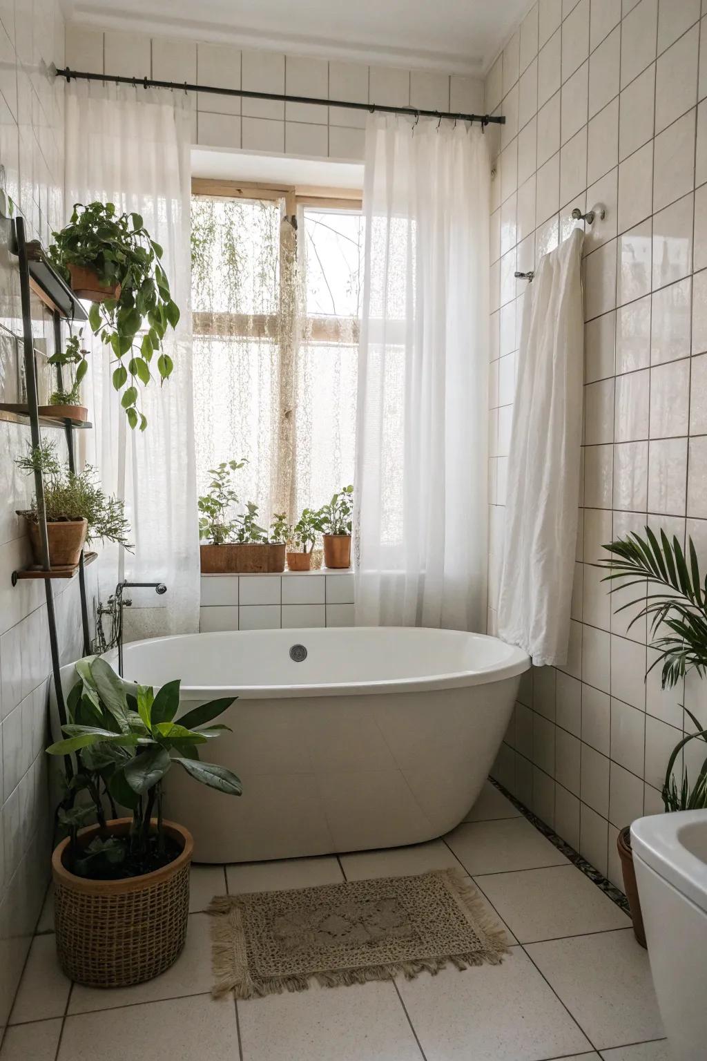 A small freestanding tub introduces a dash of sophistication to a small bathroom.