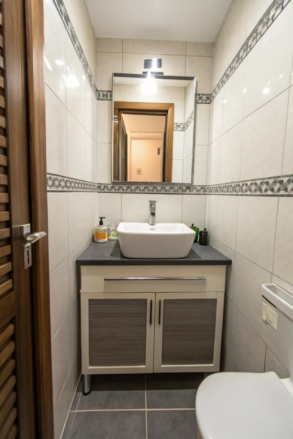 A slim vanity that integrates seamlessly into a small bathroom, combining style and functionality.