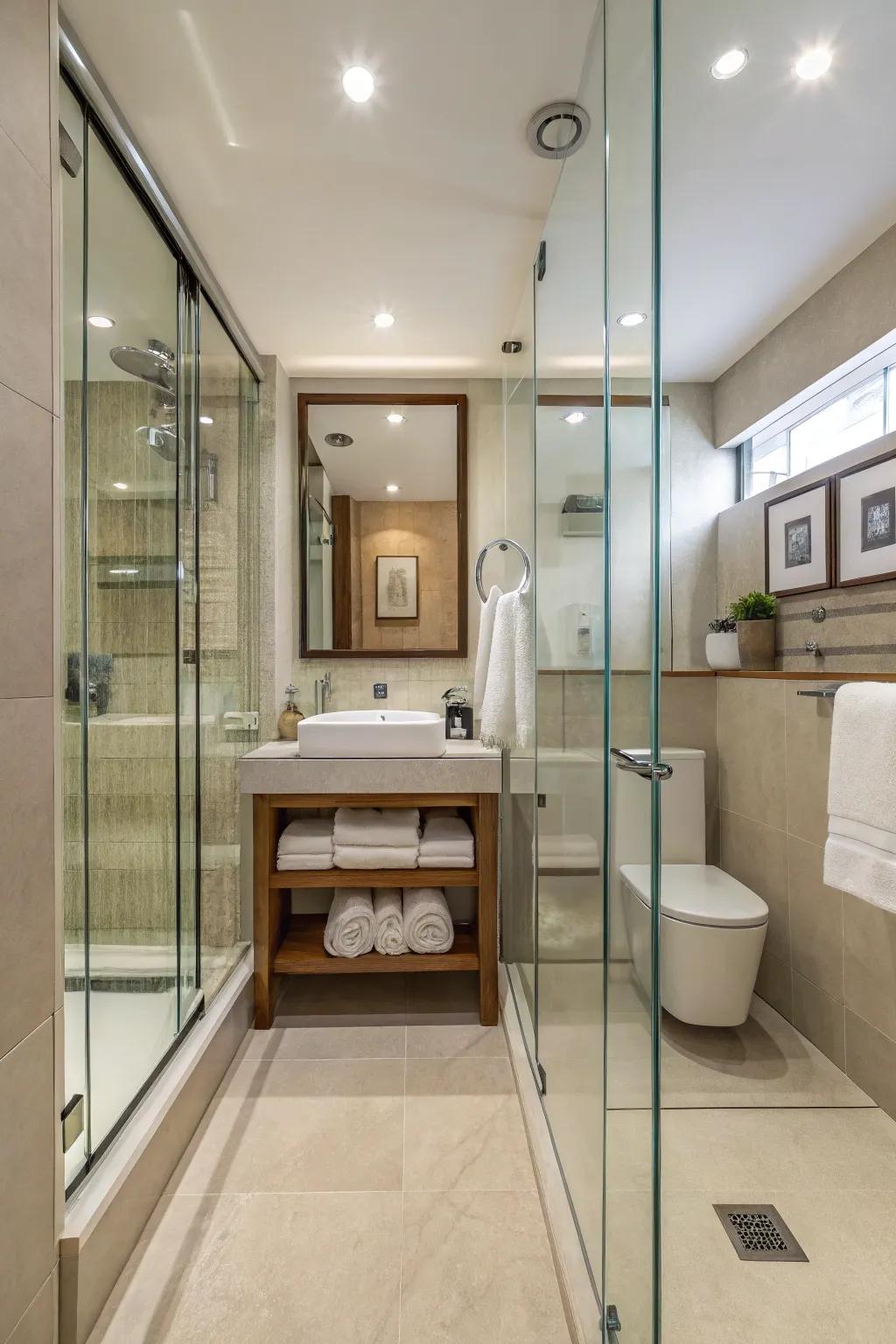 Clear glass doors give a sense of spaciousness in a small bathroom.