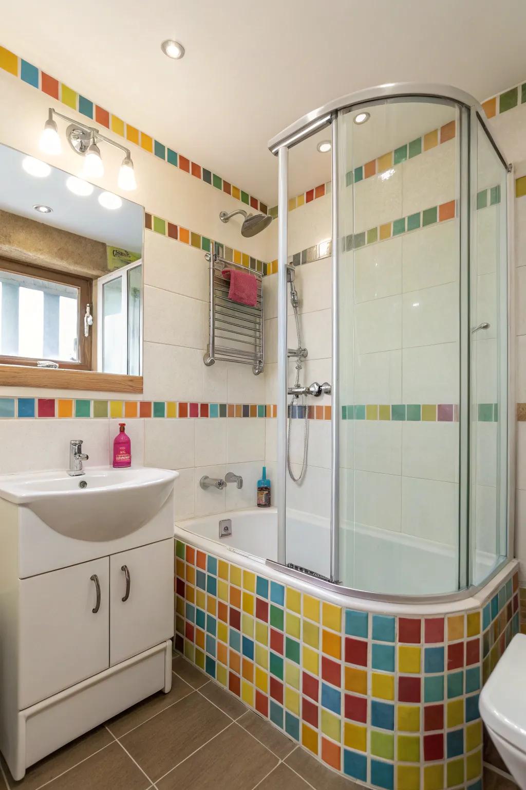 A corner bathtub maximizes efficiency in a small bathroom setting.