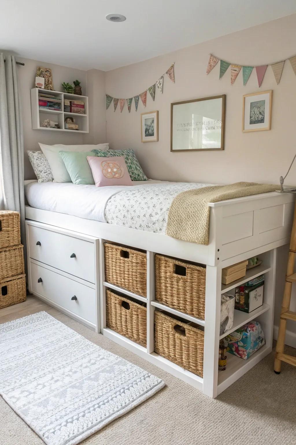 A compact bedroom showcasing a bed equipped with integrated storage, ingeniously maximizing available space.