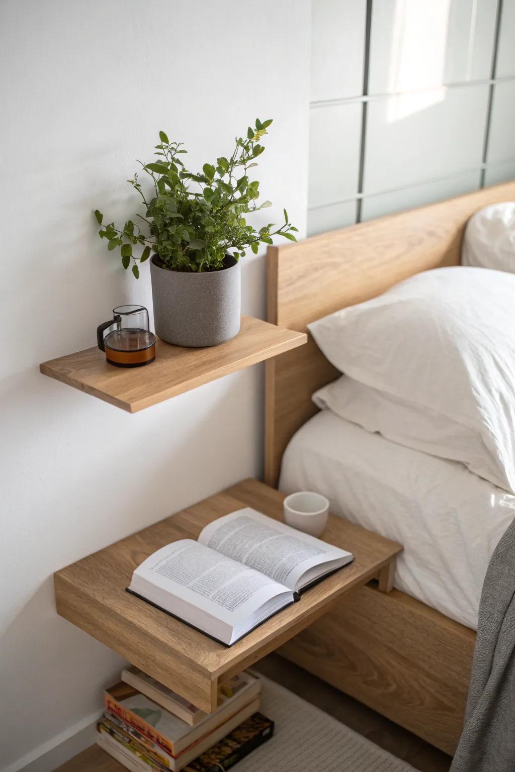A floating shelf elegantly saves space as a bedside table.
