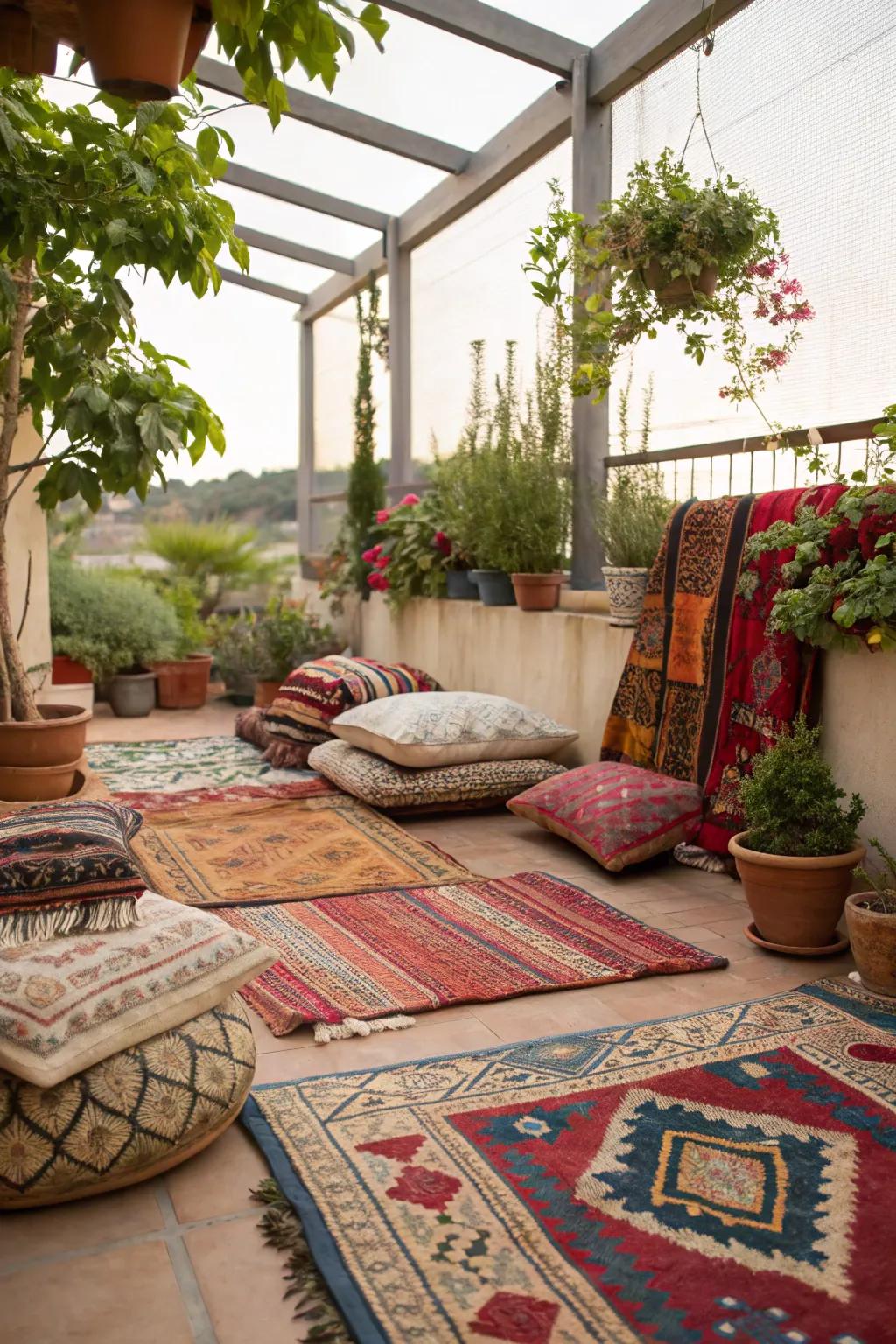 Layering fabrics brings warmth and richness to a small boho patio.