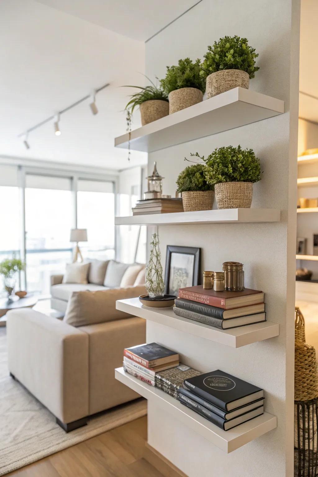 Elevated shelves provide storage without utilizing valuable floor area.
