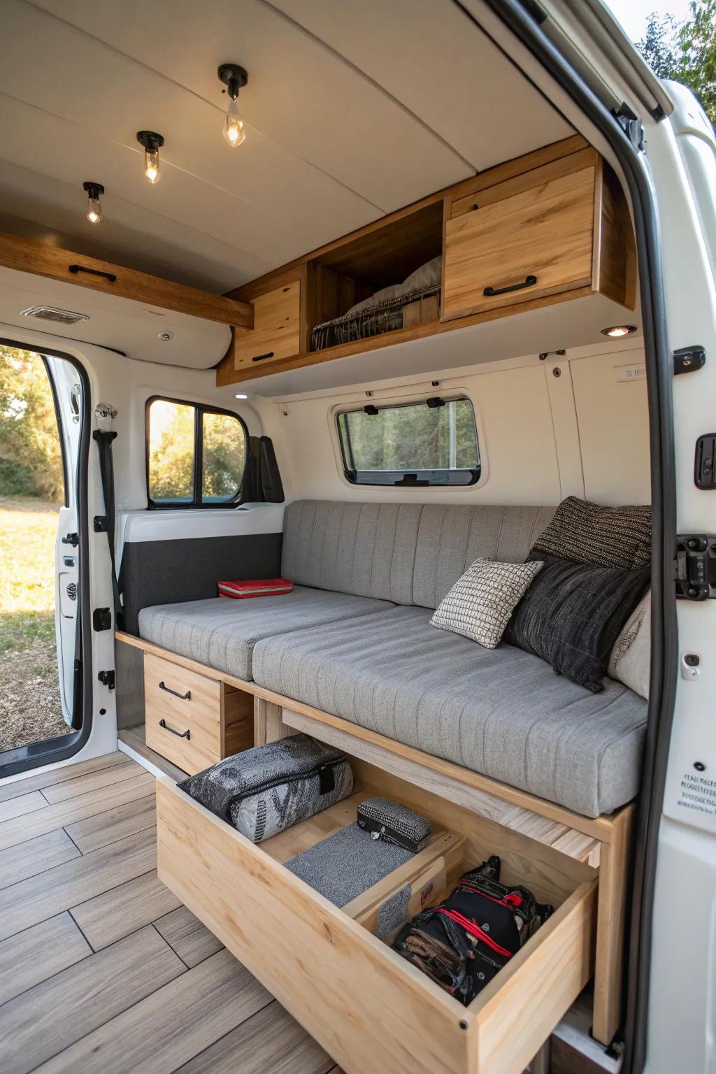 A convertible sofa in a small camper provides both seating and hidden storage.
