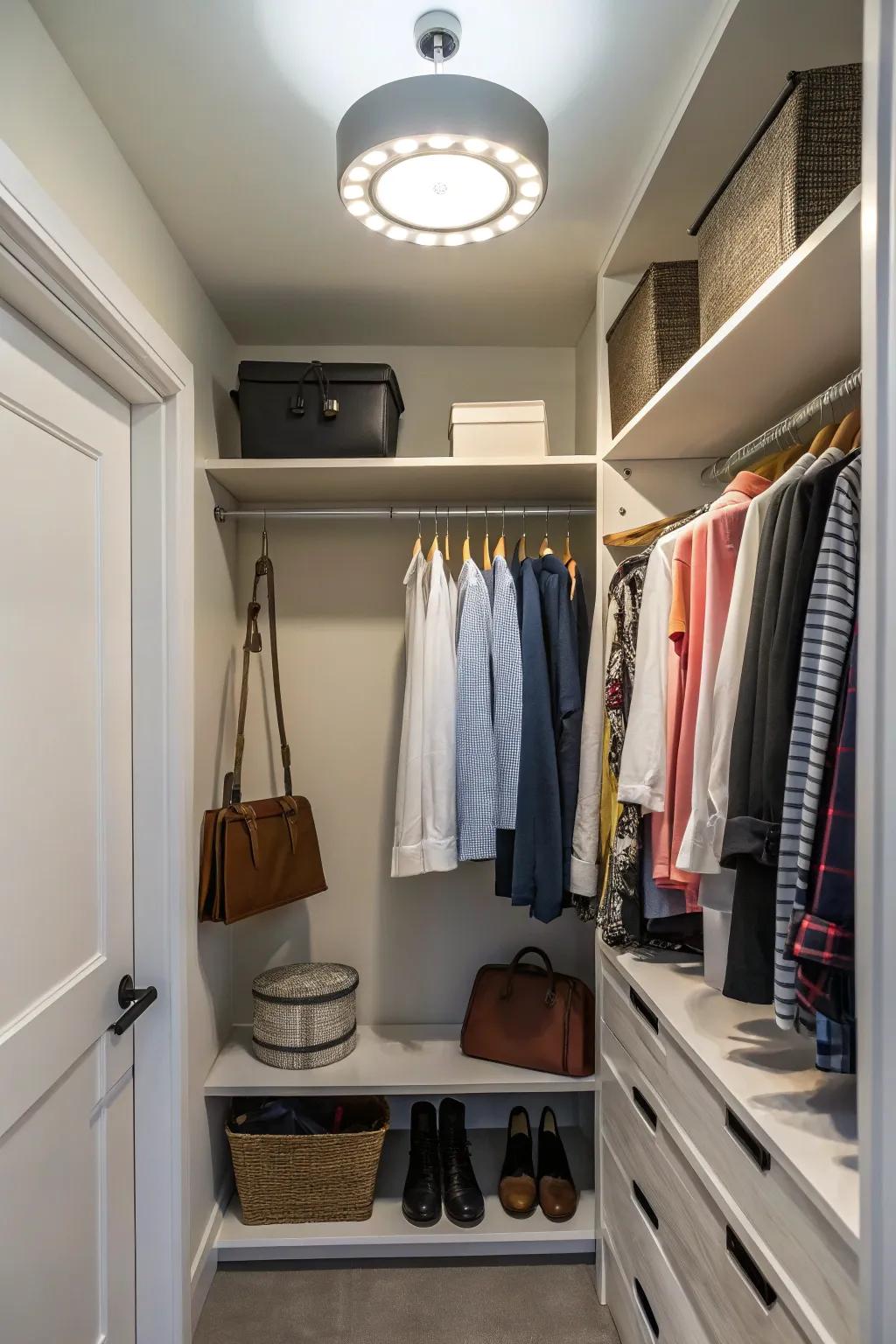 An overhead light makes a small closet brighter.