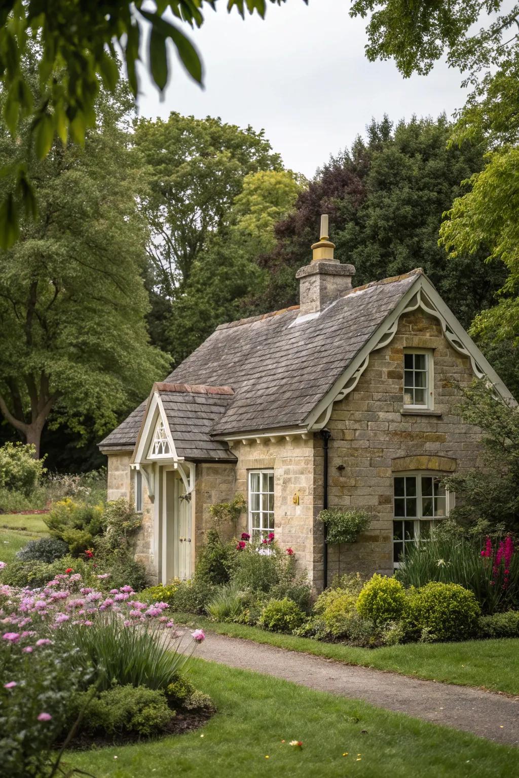 A petite stone cottage enveloped by rich greenery.
