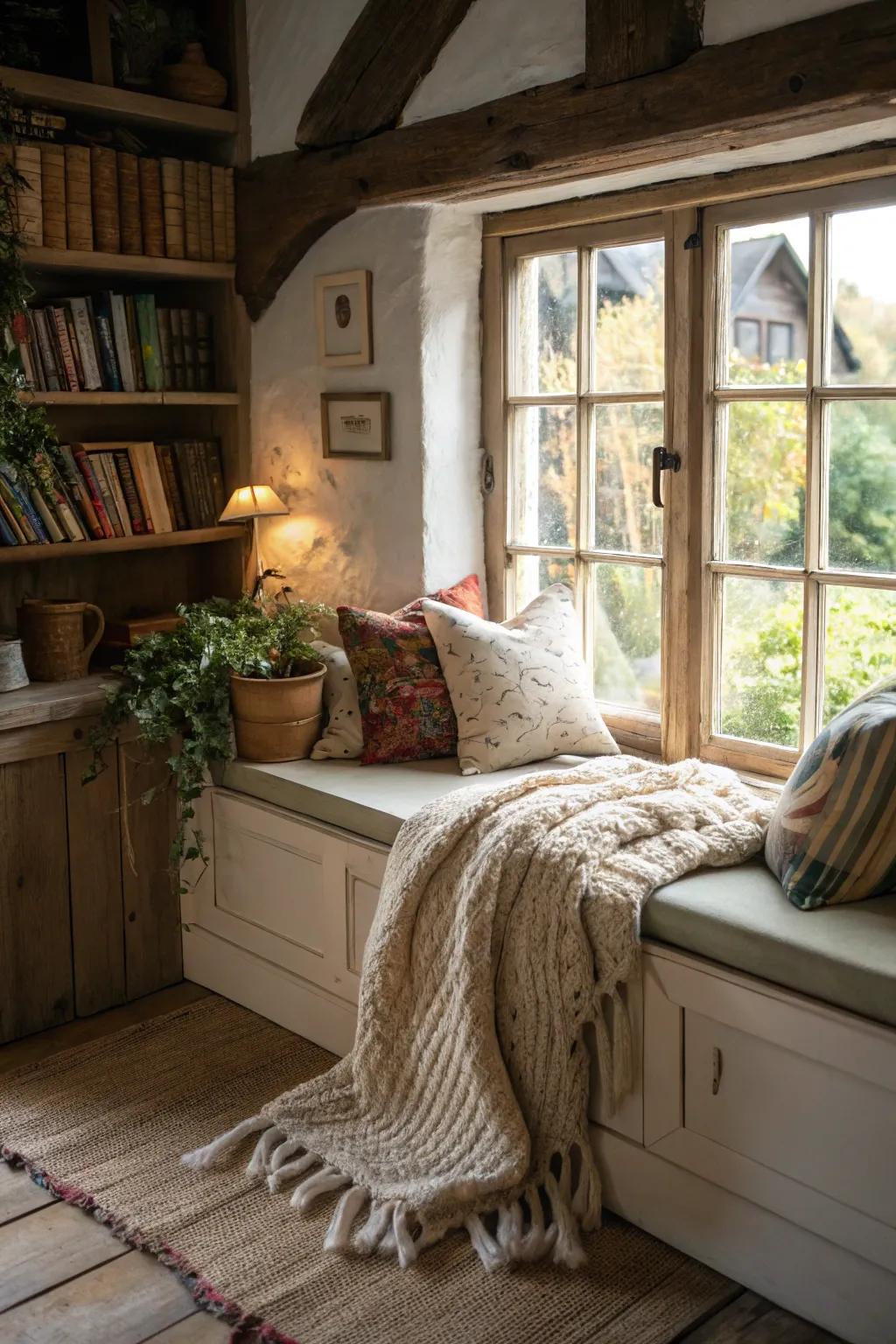 An ideal snug reading nook is impeccably tailored for unwinding in a small cottage.