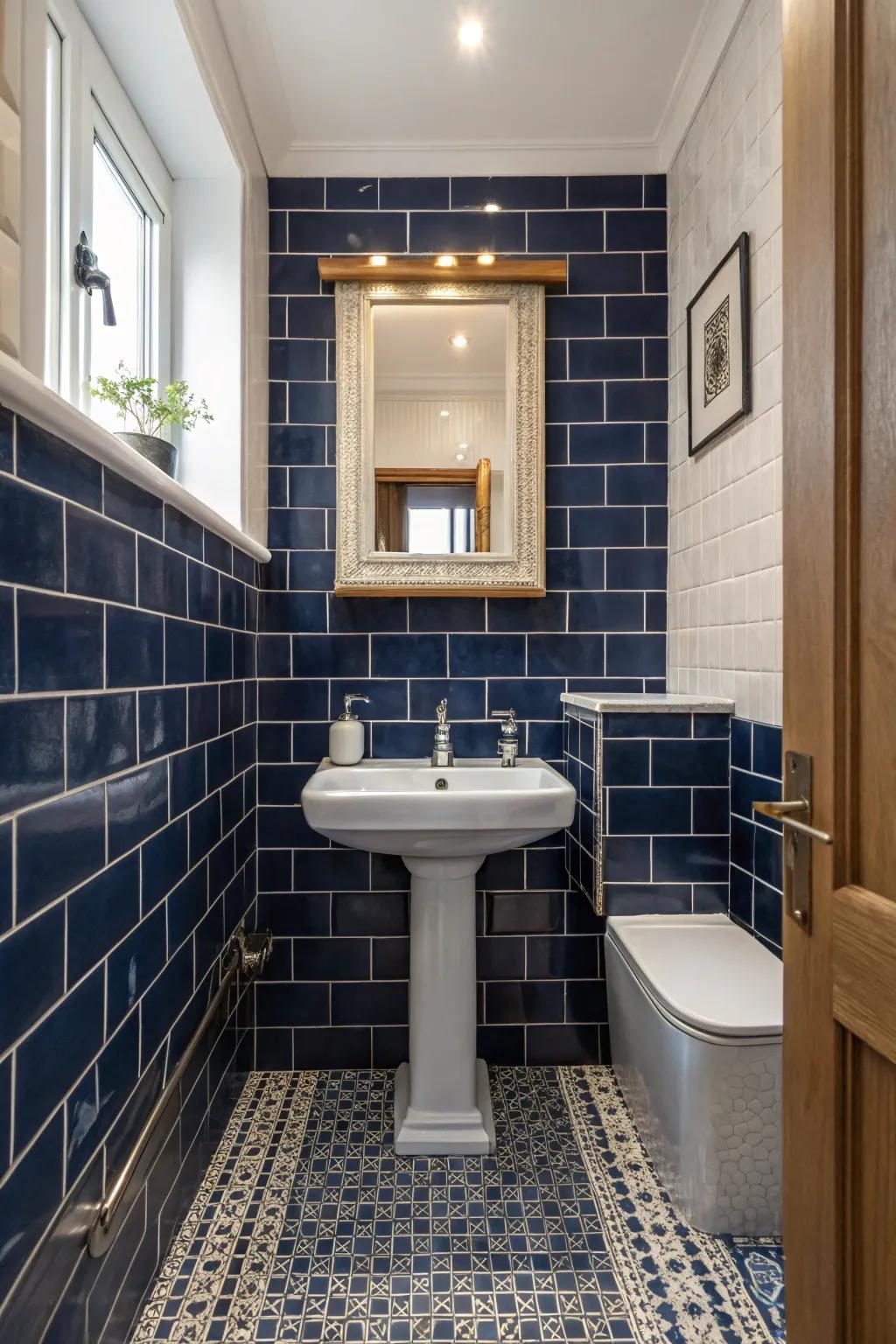 Deep blue tiles craft a sensational, yet refined atmosphere within this petite bathroom.