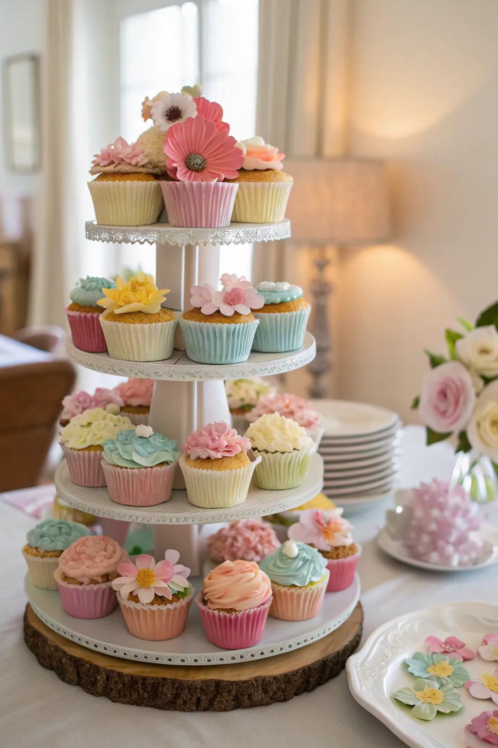 A soaring exhibition of pastel cupcakes adds refinement to a compact dessert table.