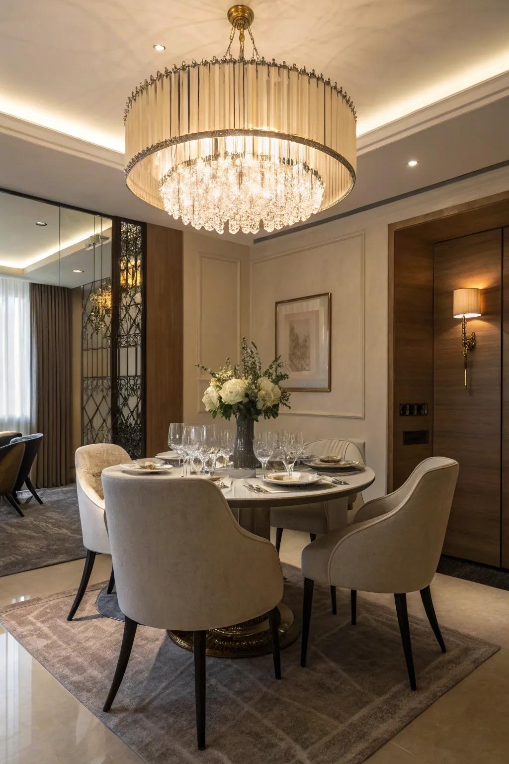 An elegant chandelier brings refinement and appeal to a small dining area.