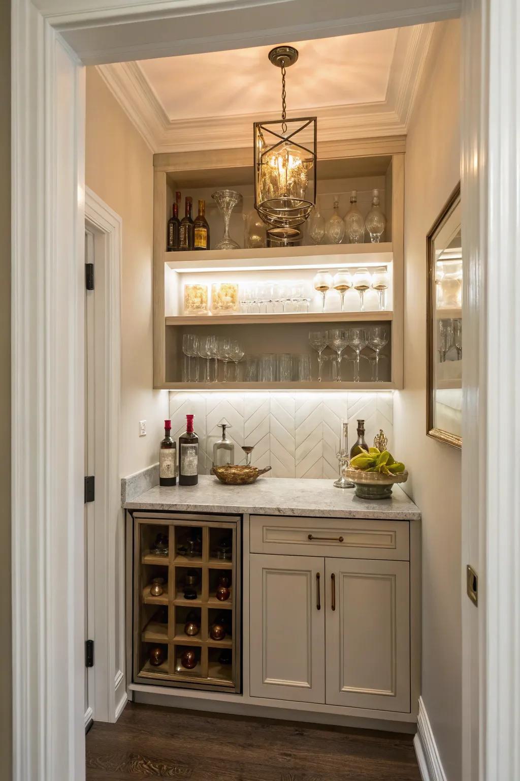 A closet converted into a stylish dry bar.