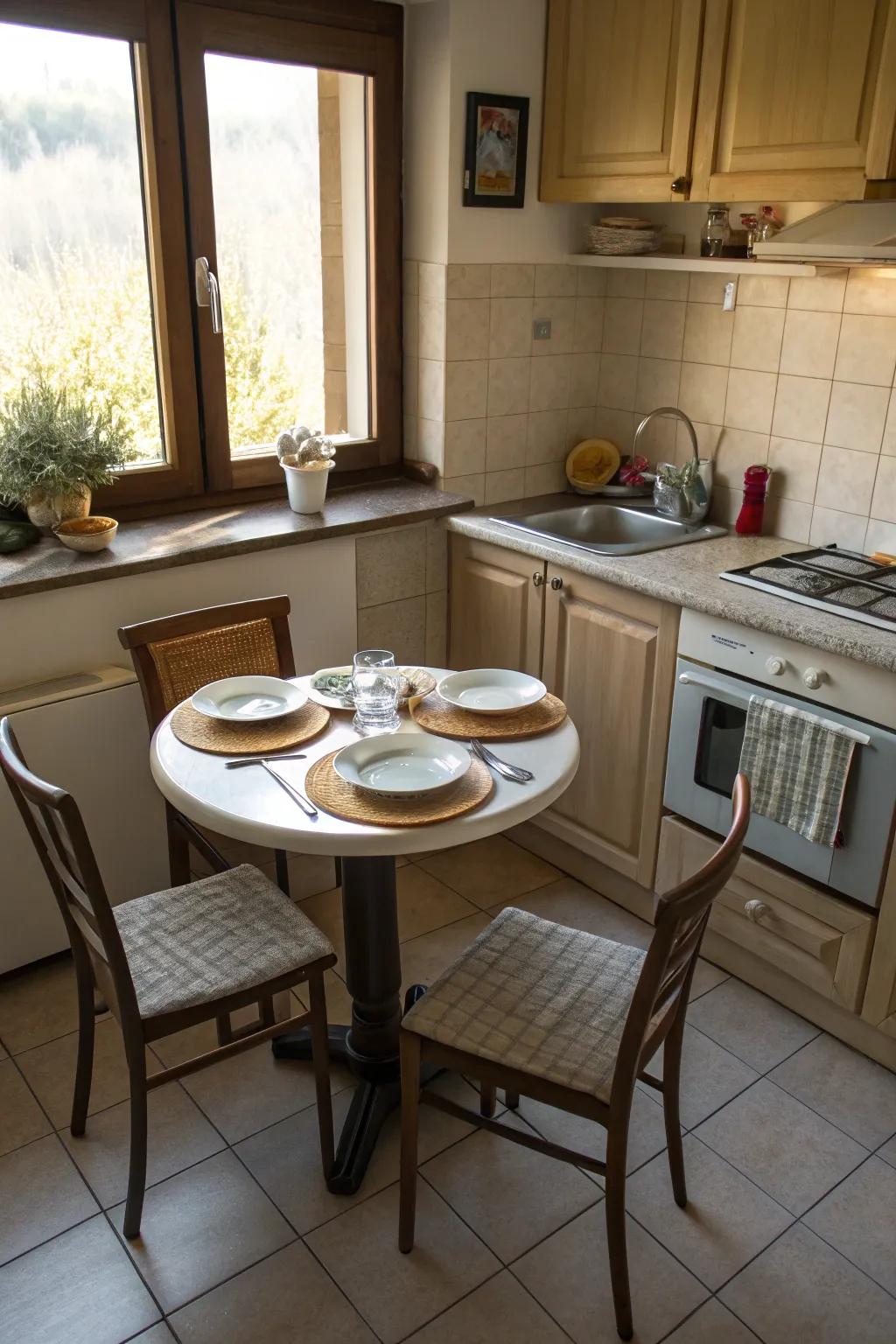A compact dining table fits perfectly in a cozy kitchen corner.