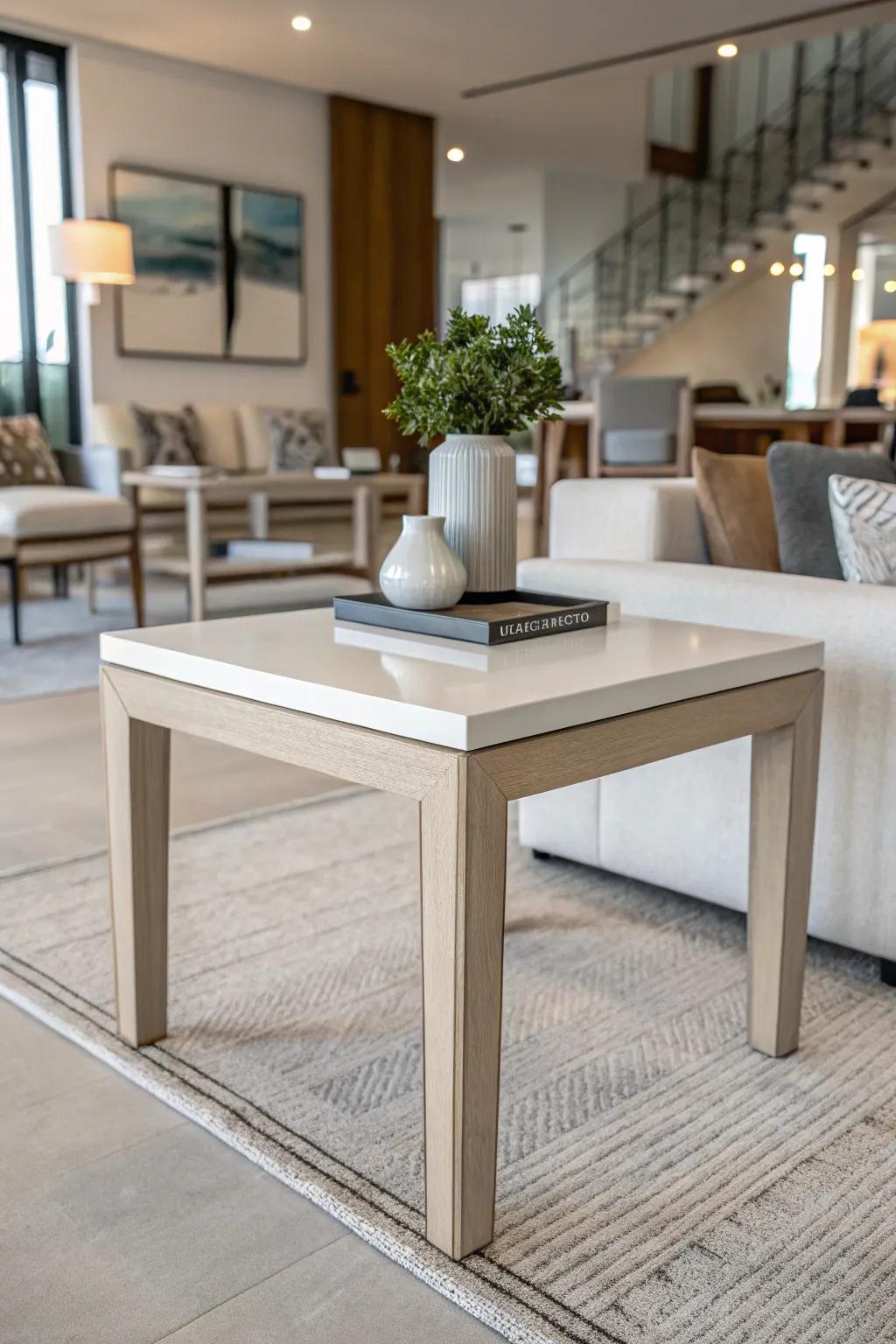A minimalist end table introduces sophistication to a contemporary living space.