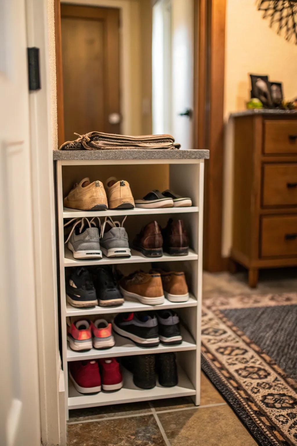 Multi-level shelf systems offer efficient shoe storage in limited spaces.