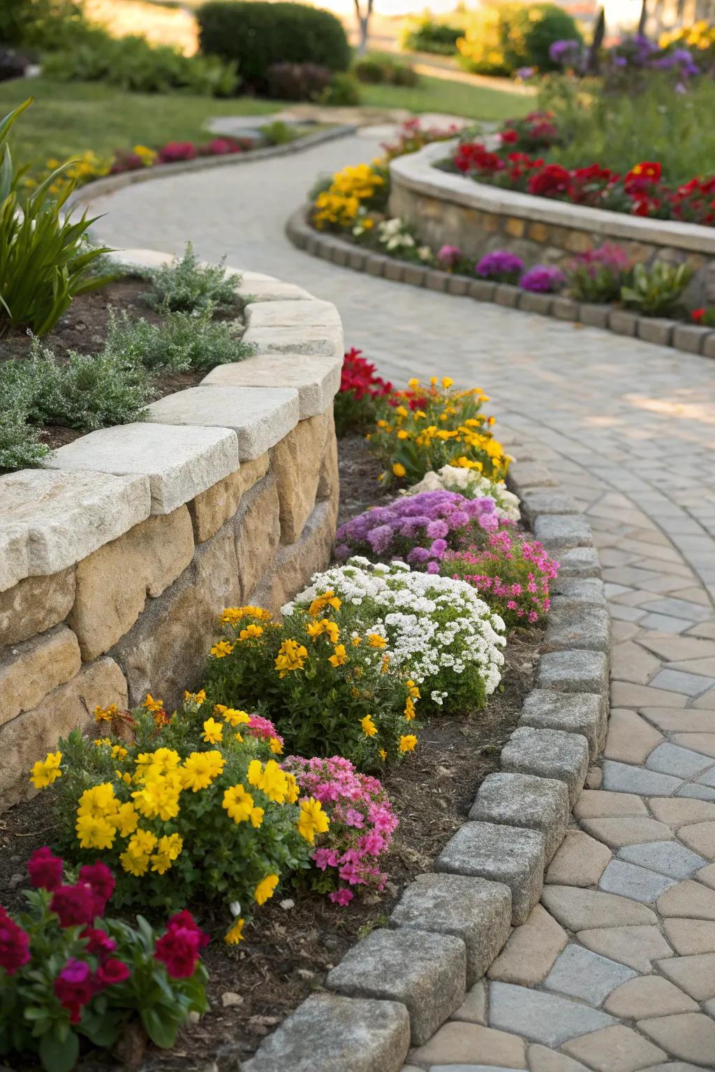 An attractive compact flower garden with stylish arched stone edges filled with lively flowers.