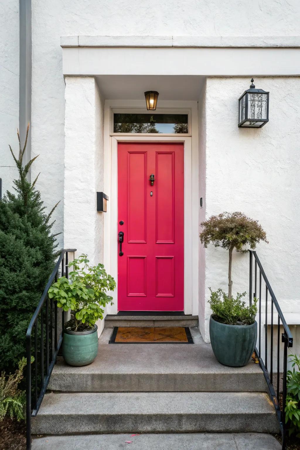 A bold-colored front door adds character to a small entrance.