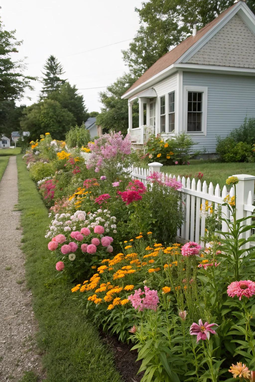 Perennials contribute a vivid touch to a compact front garden.