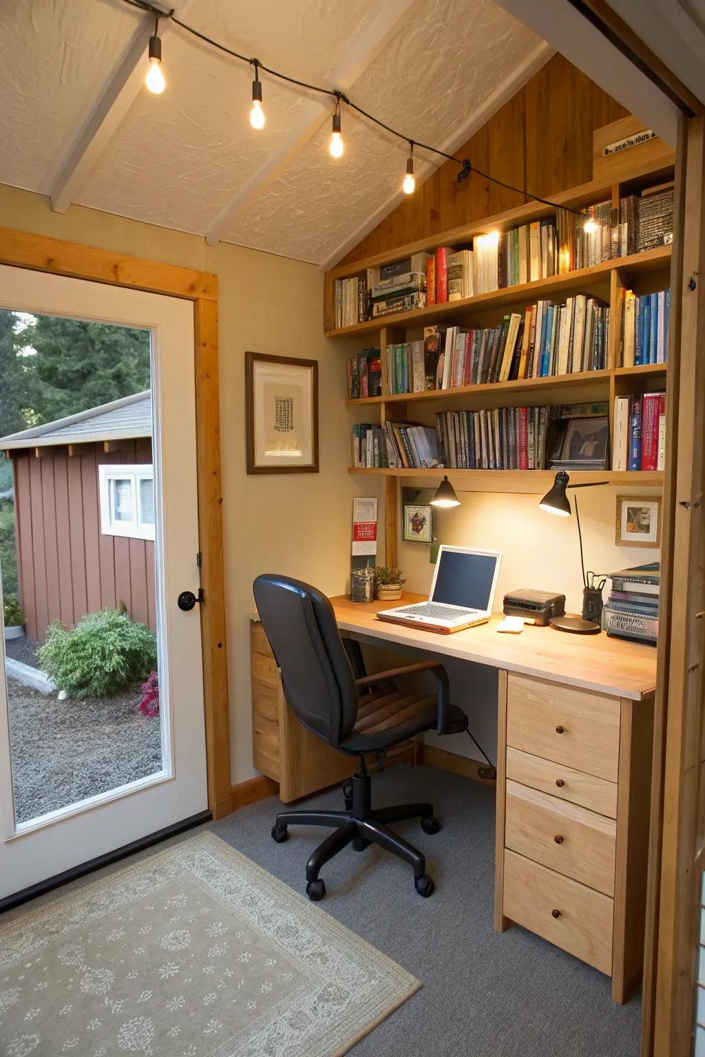 A small garage transformed into a productive home office.