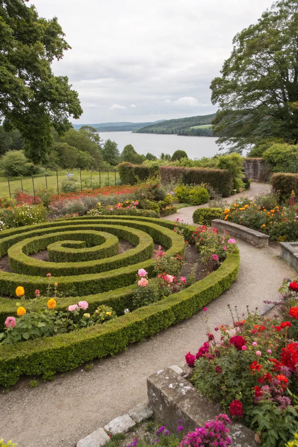 A space-saving coiled maze layout crafted from small hedges in a petite garden.