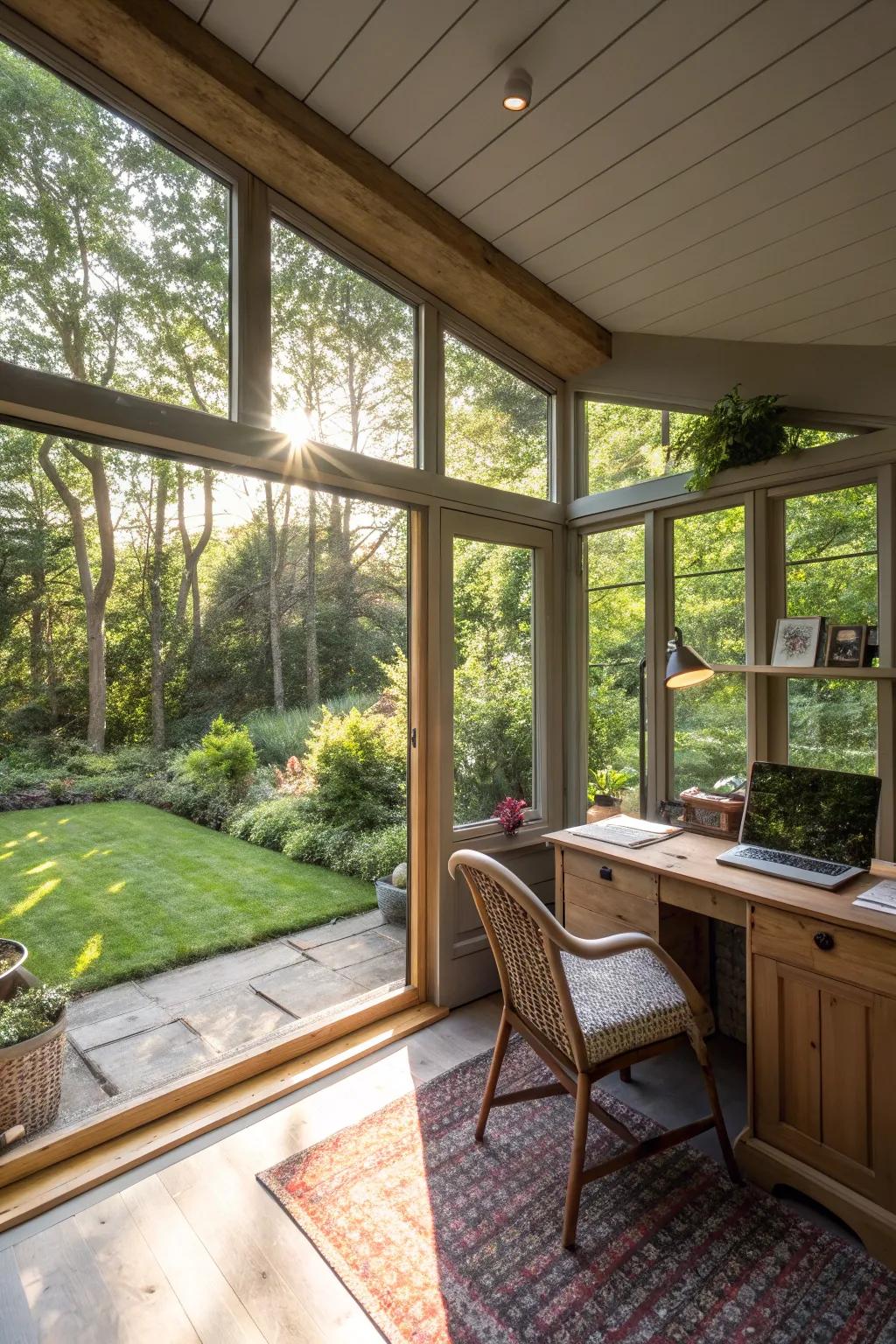 A sunlit garden office beaming with natural brightness.