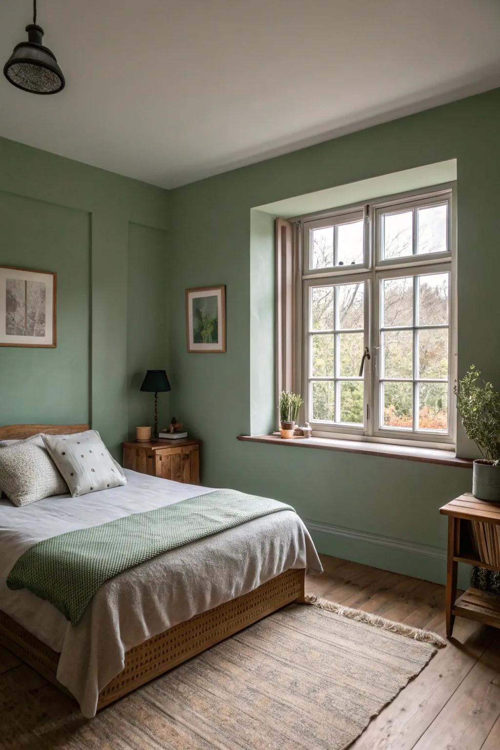 Celadon walls create a peaceful backdrop in a small bedroom.
