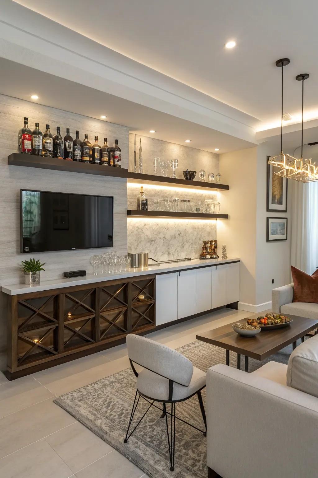 A corner bar unit brings elegance and function to underutilized spaces.