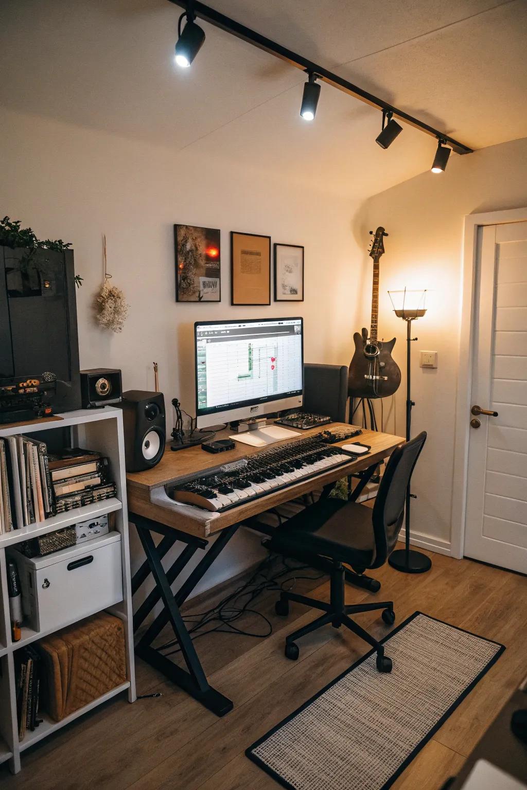 A streamlined desk arrangement maintains studio organization and efficiency.