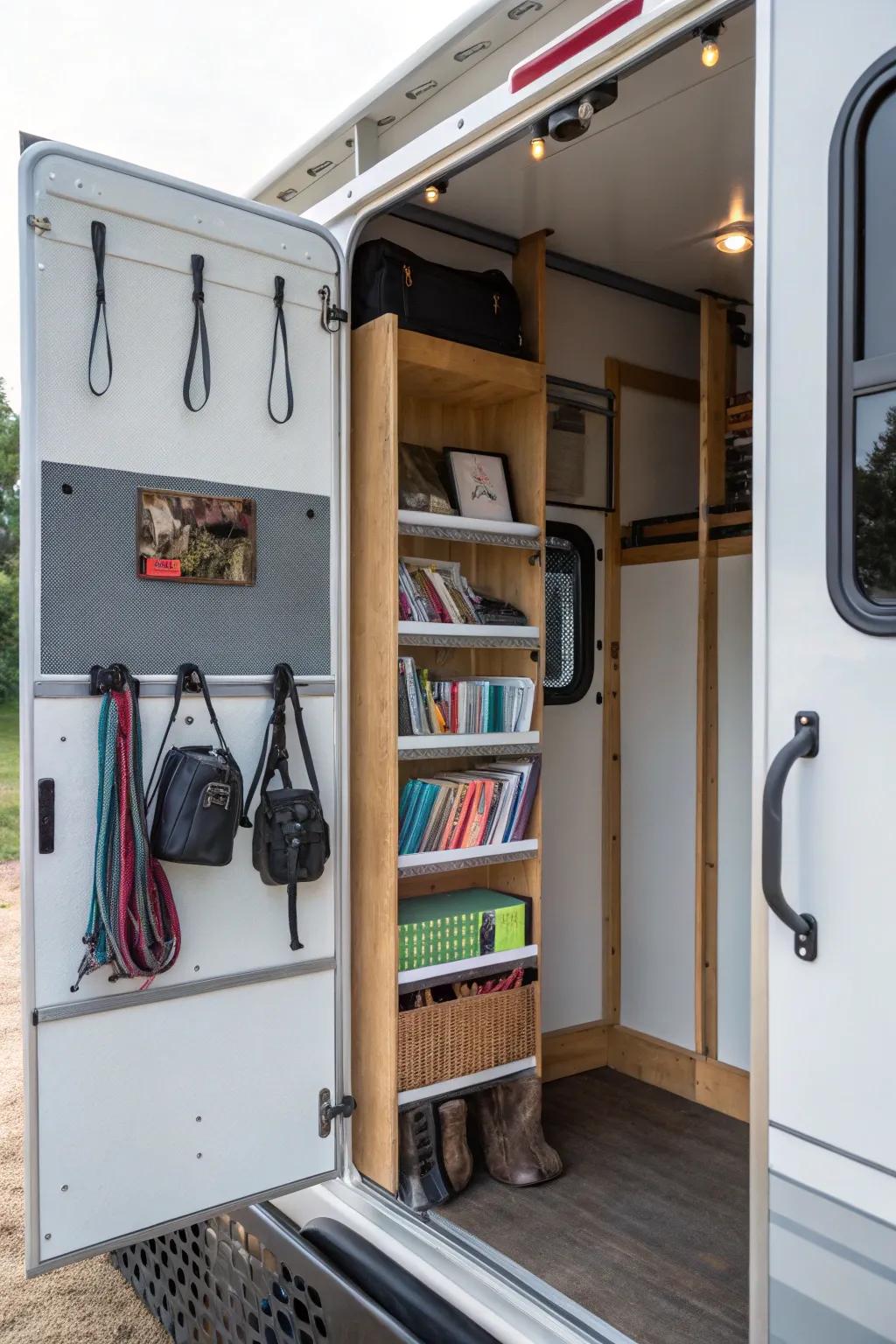 Make the most of your area by taking advantage of vertical space with shelves and hooks.