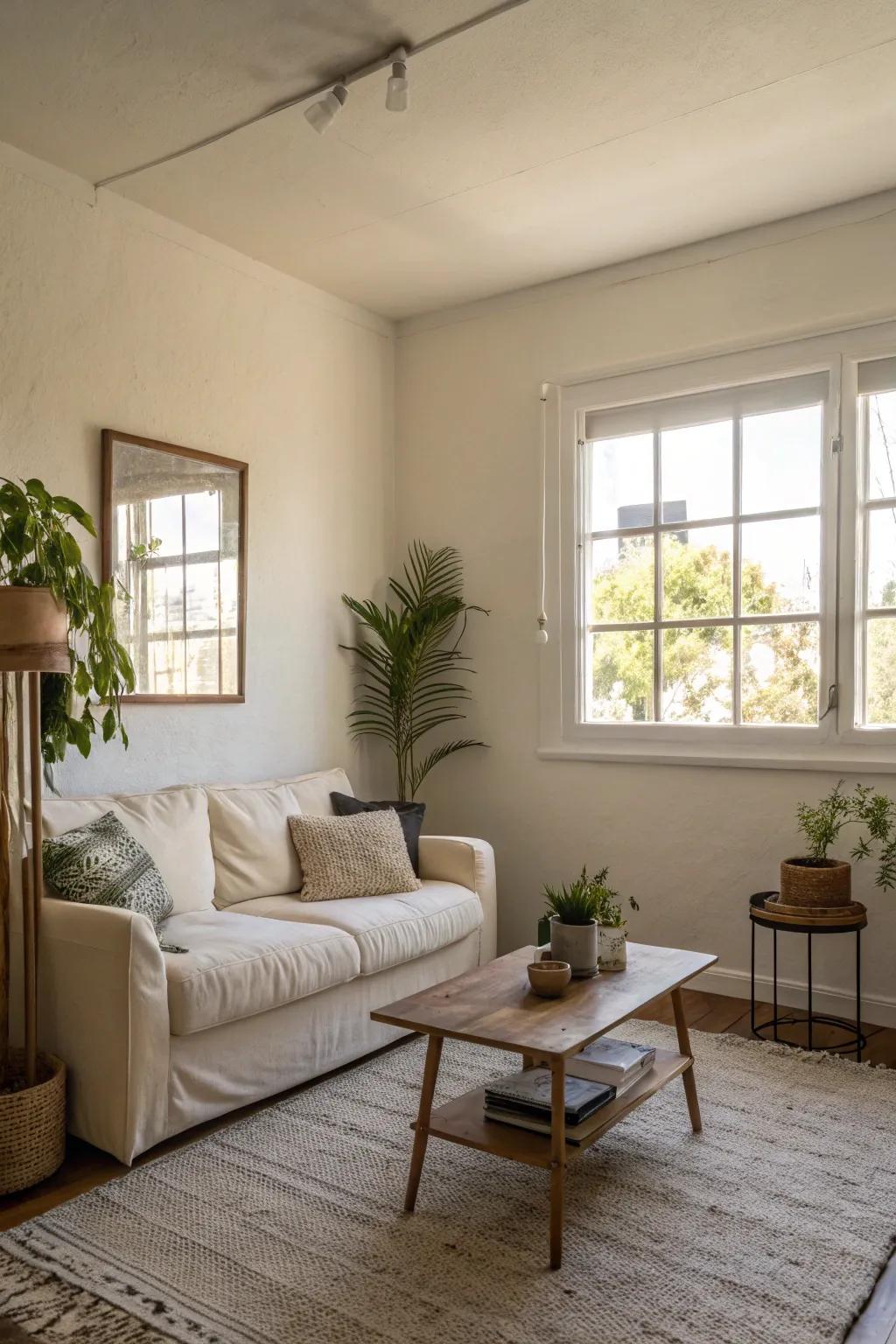 A small living room with off-white walls, which create an expansive atmosphere.