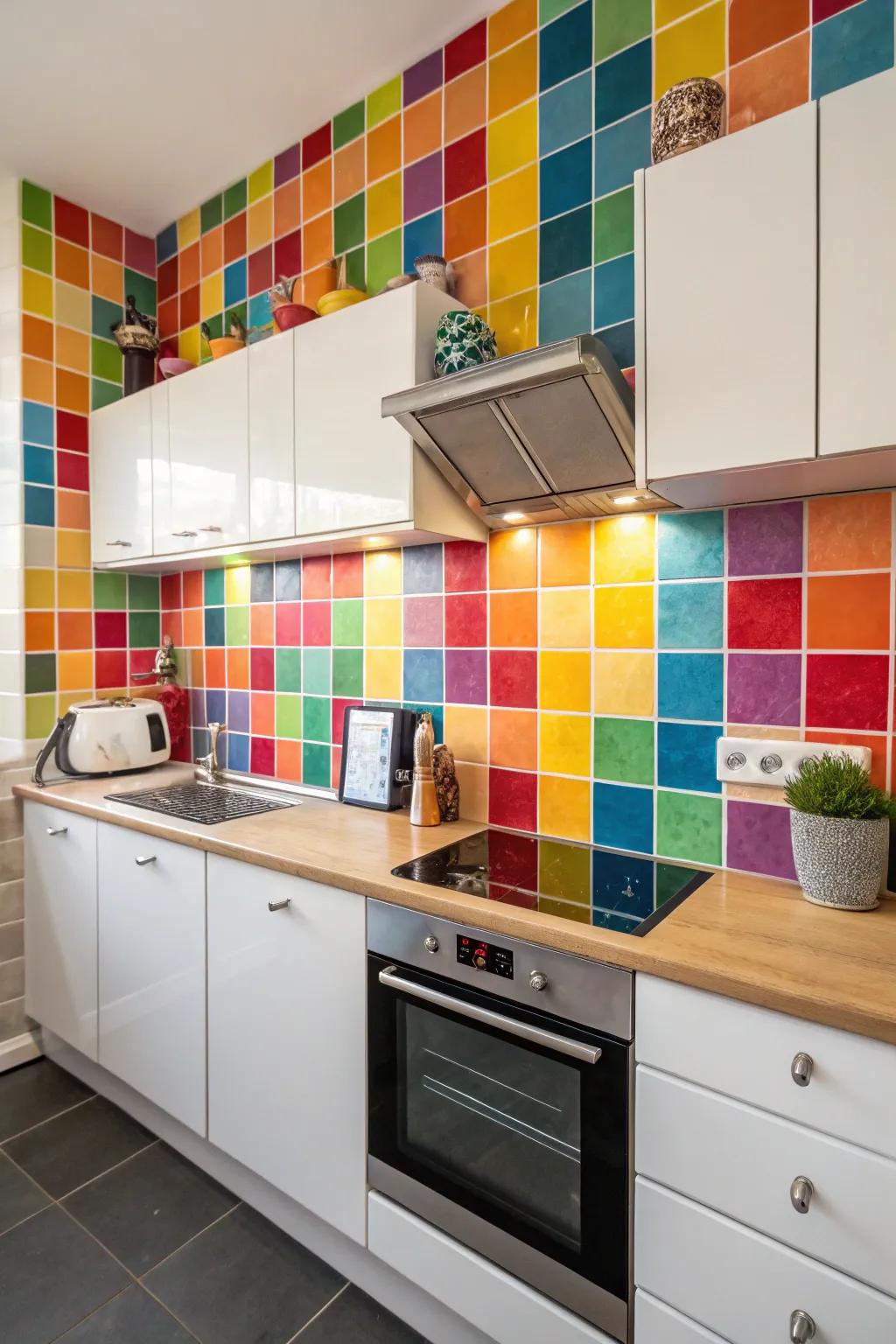 Brighten your cooking area by incorporating vibrant hues using eye-catching tiles.