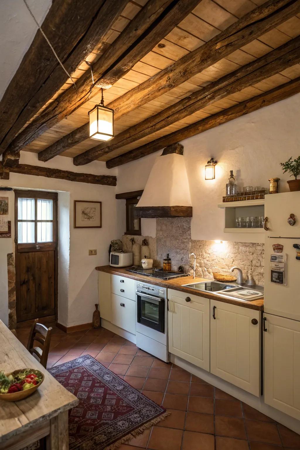 Revealed beams contribute rustic warmth and an elegant note to smaller kitchens.