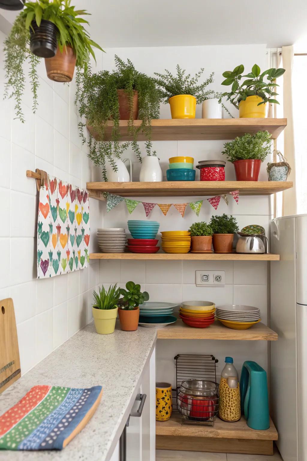 Open shelves create a light and spacious feeling while providing practical storage in a small kitchen.
