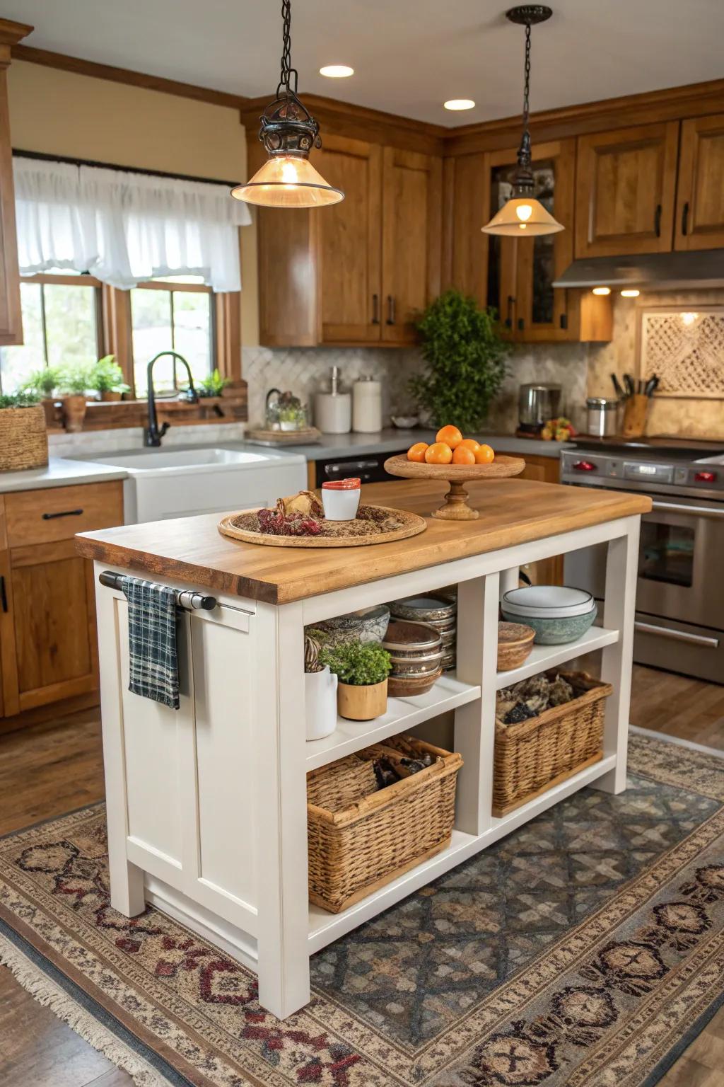 A compact island featuring a hardwood block surface, ideal for both meal preparation and visual appeal.