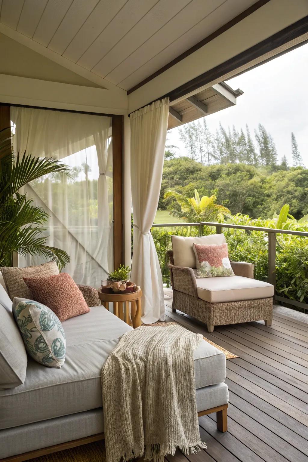 Establish an inviting seating area with deluxe cushions and throws, ensuring supreme comfort.