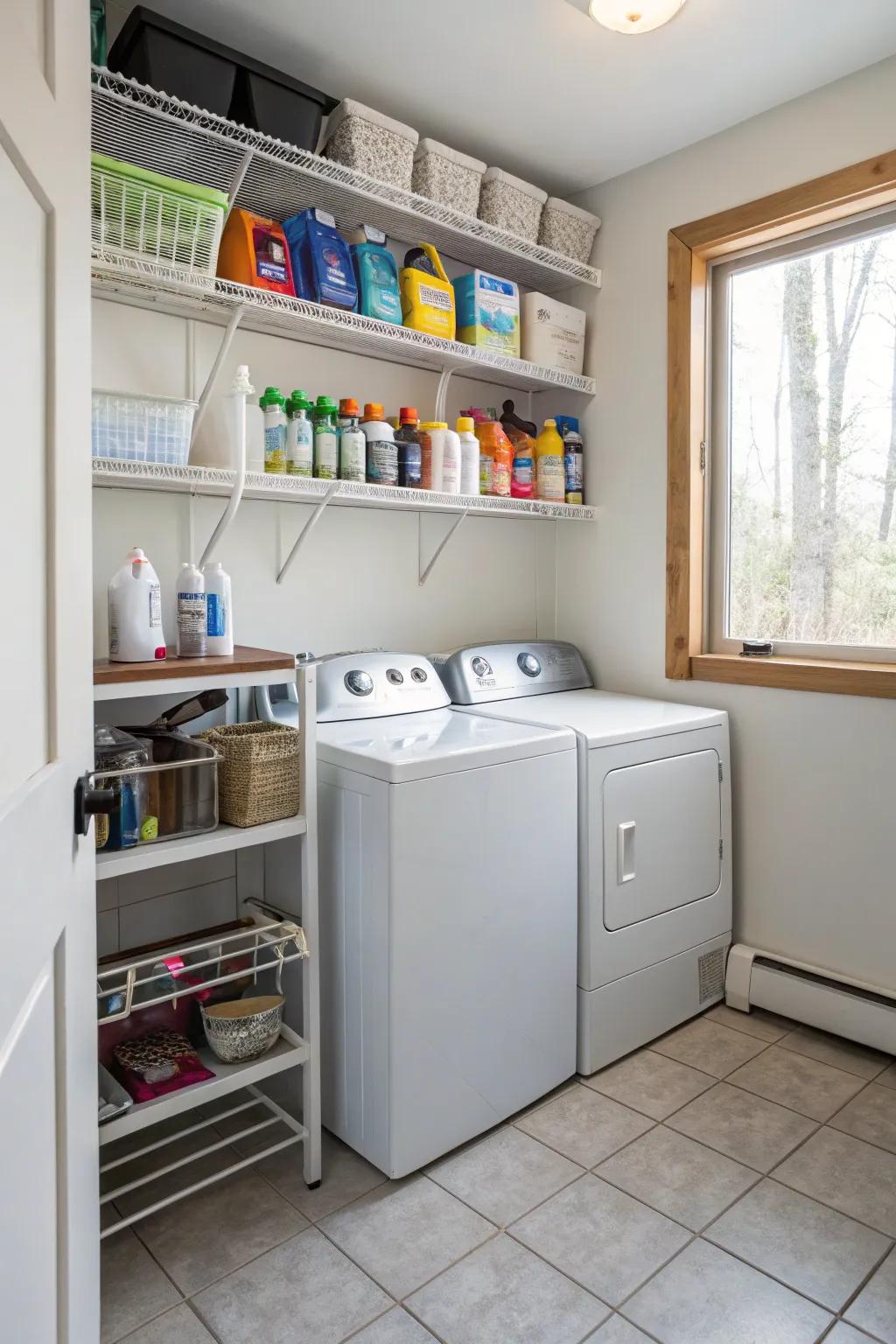 Get the most out of your laundry room with vertical storage to keep it neat.
