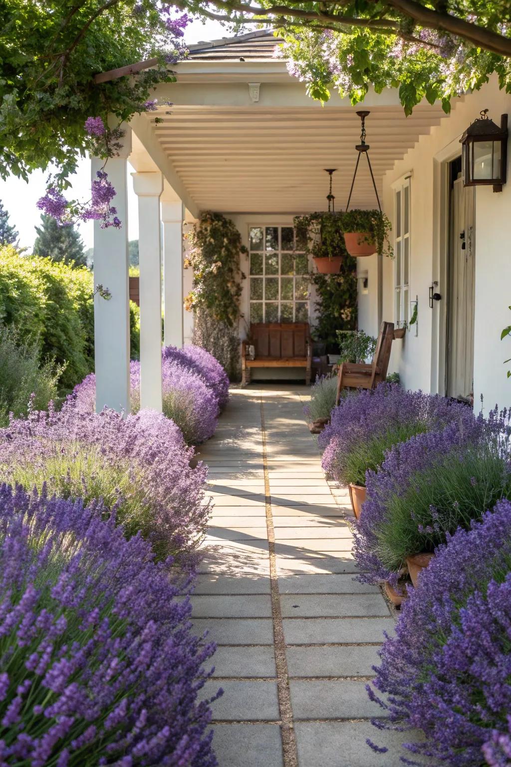 Lavender borders turn walkways into delightful sensory journeys.